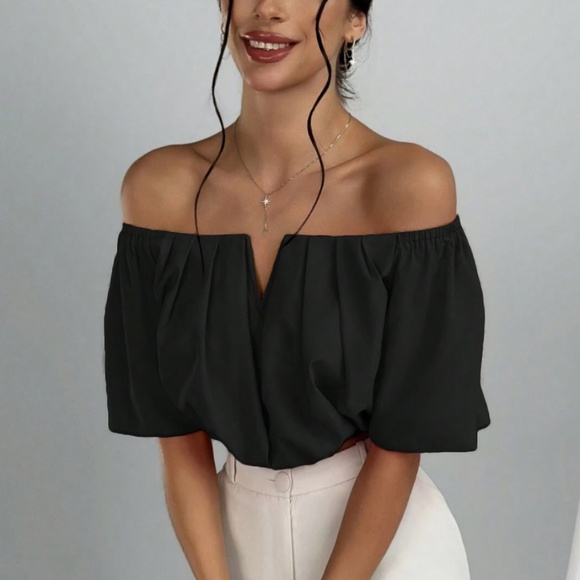 Black Cropped Off Shoulder Top Pleated Puff V-Bone - Picture 1 of 7